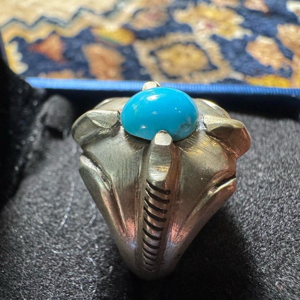 925 Sterling Silver Turquoise Brutalist Statement Ring Size 9.5 Chunky Biker